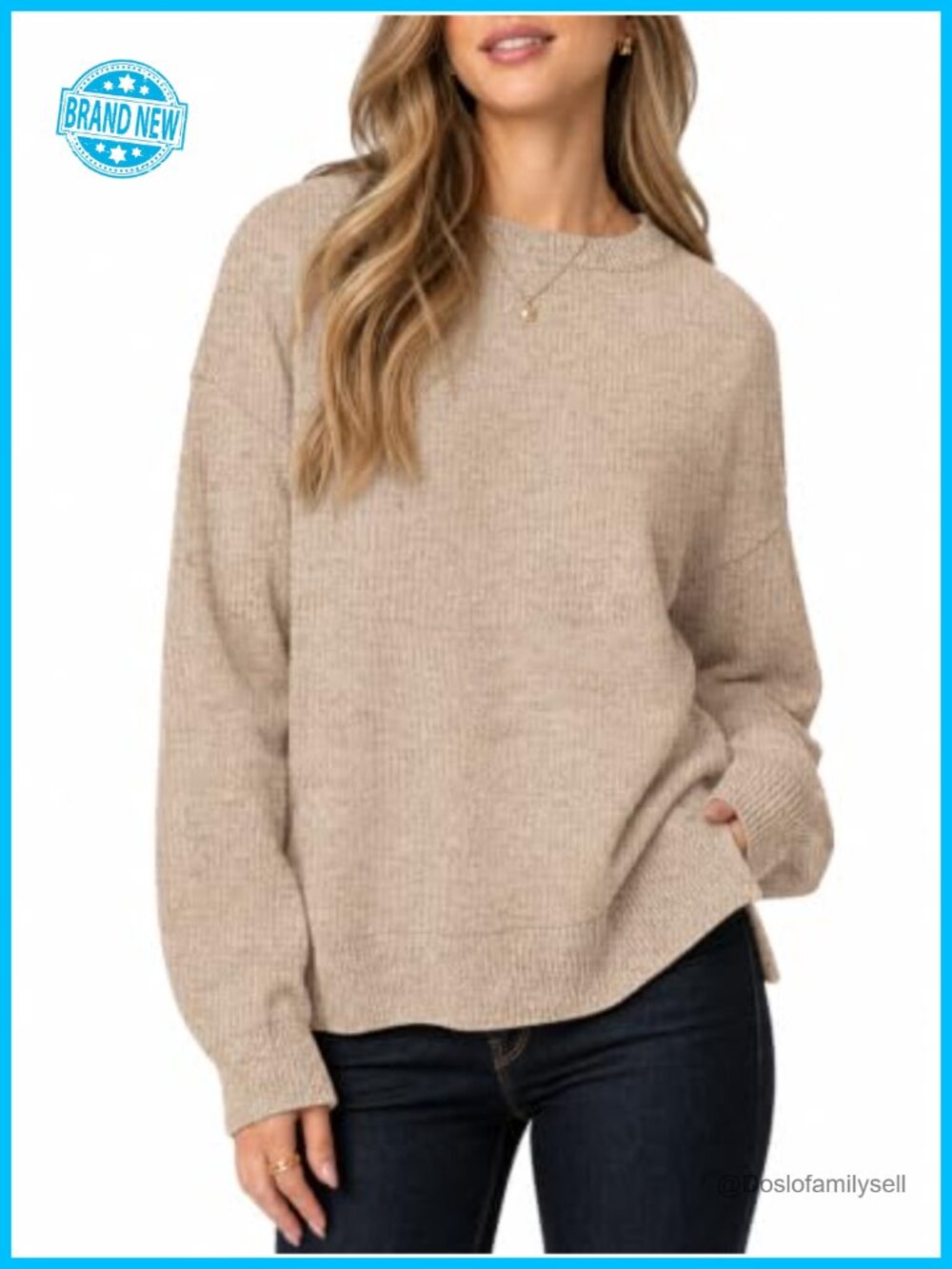 Women Oversized Crewneck Sweater Lantern Sleeve Knit Pullover